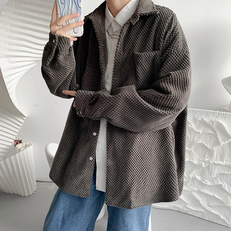 Осенняя хлопковая Вельветовая рубашка, Мужская модная однотонная клетчатая рубашка, мужские корейские свободные рубашки с длинным рукавом... от AliExpress RU&CIS NEW