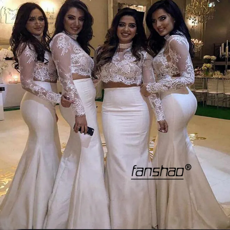 

Two Piece Mermaid Cheap Bridesmaid Dresses Under 50 Lace Full Sleeve White Ivory Long Wedding Party Dresses For Women