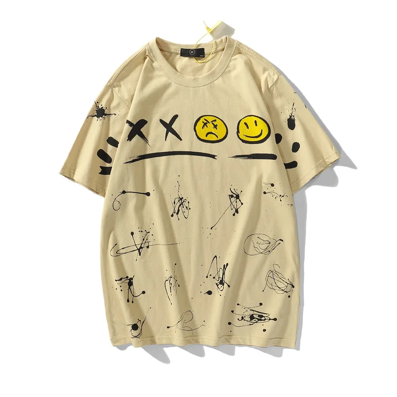 

new popular logo graffiti smiley face covered with splash-ink short-sleeved men's casual T-shirt shirts ash lynx korn t shirt
