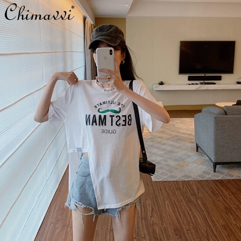 

Футболка женская с коротким рукавом, ассиметричный белый топ с круглым вырезом, свободная хлопковая рубашка в стиле оверсайз, на лето