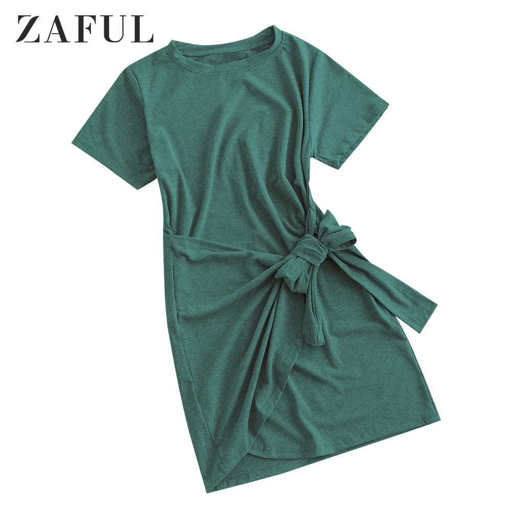 ZAFUL Overlap Tie Short Sleeve Tee Dress Brief Casual T Shirt Day Mini Straight Summer Lap-Over T-Shirt | Женская одежда