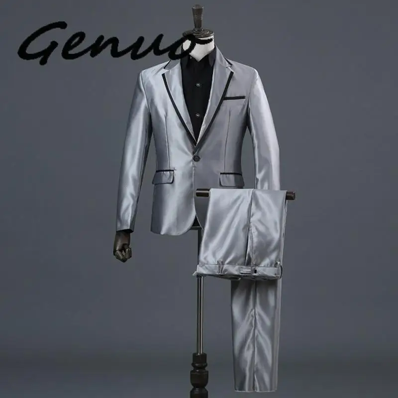 

Genuo 3 Pieces Suit (Jackets+Pants+Bow Tie) Men Stage Prom Party Mens Gray Dress Suits Singer Wedding DJ Costumes Ternos Homme