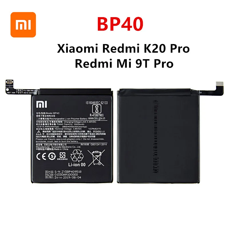 

Xiao mi 100% Orginal BP40 4000mAh Battery For Xiaomi Redmi K20 Pro / Mi 9T Pro BP40 High Quality Phone Replacement Batteries
