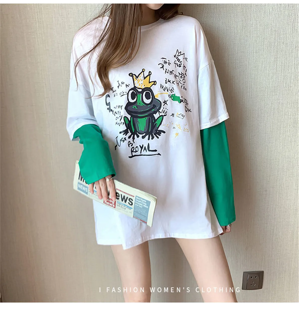 

Крутая хлопковая футболка, женская футболка из двух частей в стиле Харадзюку, повседневная женская одежда с длинным рукавом, забавная Свободная рубашка в стиле High Street с лягушкой