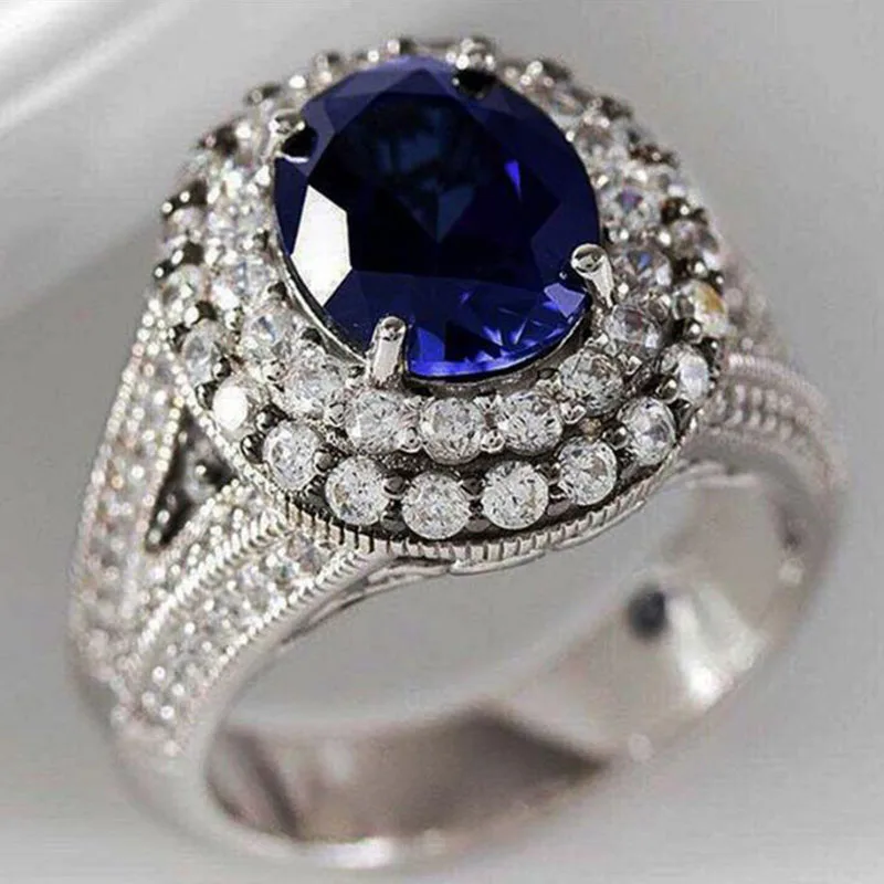 

Luxury Full Rhinestone Zircon Ladies Ring with Blue Crystal Silver Color for Women Female Wedding Engagement Jewelry Size 6-10