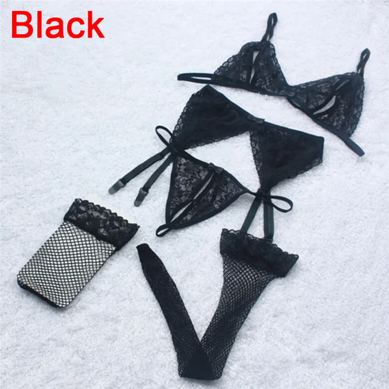 

1 Set=4pcs Sexy Lace Open Crotch G-String + Bra + Net Socks + Sling Lingerie Set Cueca Underwear Women Bra Brief Sets