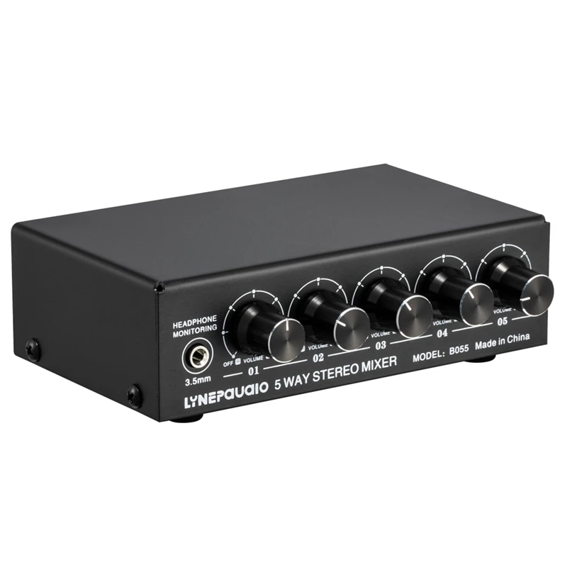

LYNEPAUAIO Stereo 5-Way Active Mixer Independent Volume Adjustment Support Multi-Channel Mixer with Headphone Monitor