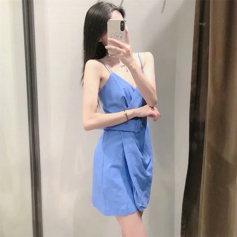 

ZA 2021 Blue Linen Belted Mini Dress Woman Sexy Wrap V-neck Thin Straps Summer Dress Fashion Backless Party Female Dresses Mujer