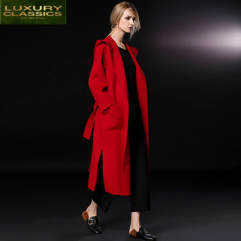 

Female Winter Wool Coat 100% Wool Jacket Hooded Women Clothes 2021 Korean Elegant Long Woolen Coats Belt Casaco PIN17209