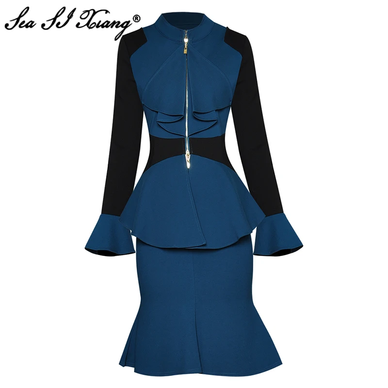 

Seasixiang Autumn Suit Women Stand Collar Flare Sleeve Ruffles Slim Tops + Package Buttocks Skirt Hit the Color Two-Piece Set