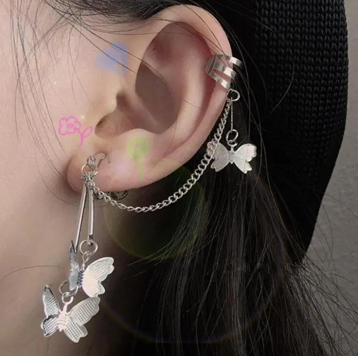 Серьги кольца с бабочкой goth e girl стильные серьги kawaii harajuku аксессуары aros 90s