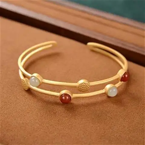 

Original S925 Sterling Silver Gilding South Red Hetian Jade Personality and Fashion Women's Irregular Bangle Bracelet