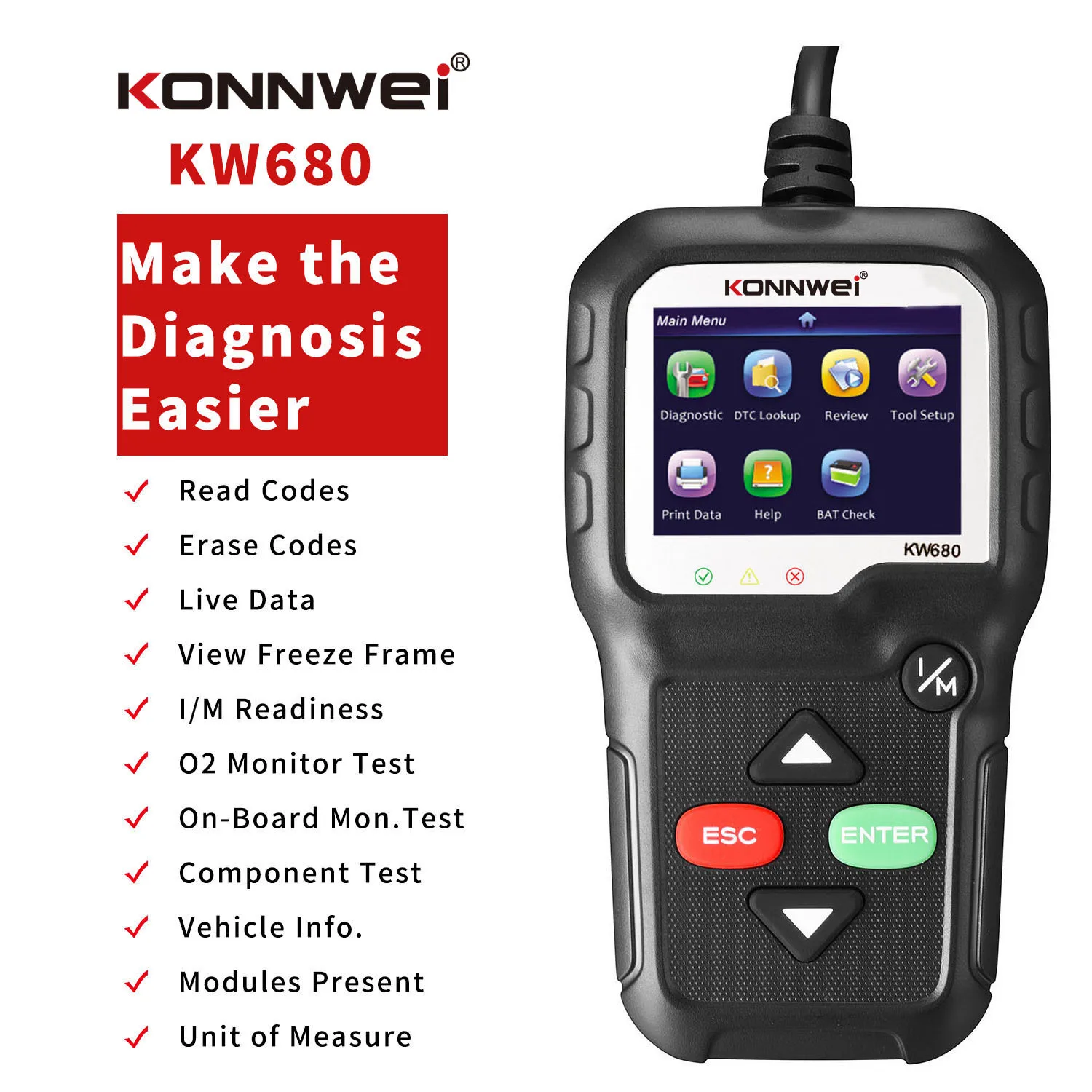 Диагностический сканер ошибок автомобиля KW680 OBD2 бортовой компьютер