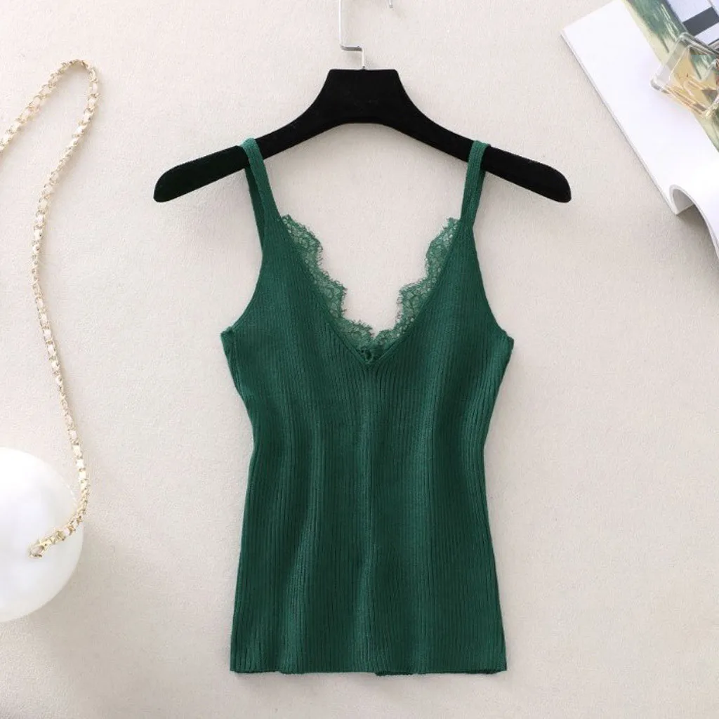

KANCOOLD tank top Fashion Women Inside Wild Sleeveless Knitting Vest V-Neck Ladies Solid Lace Tank new crop top 2020FEB22