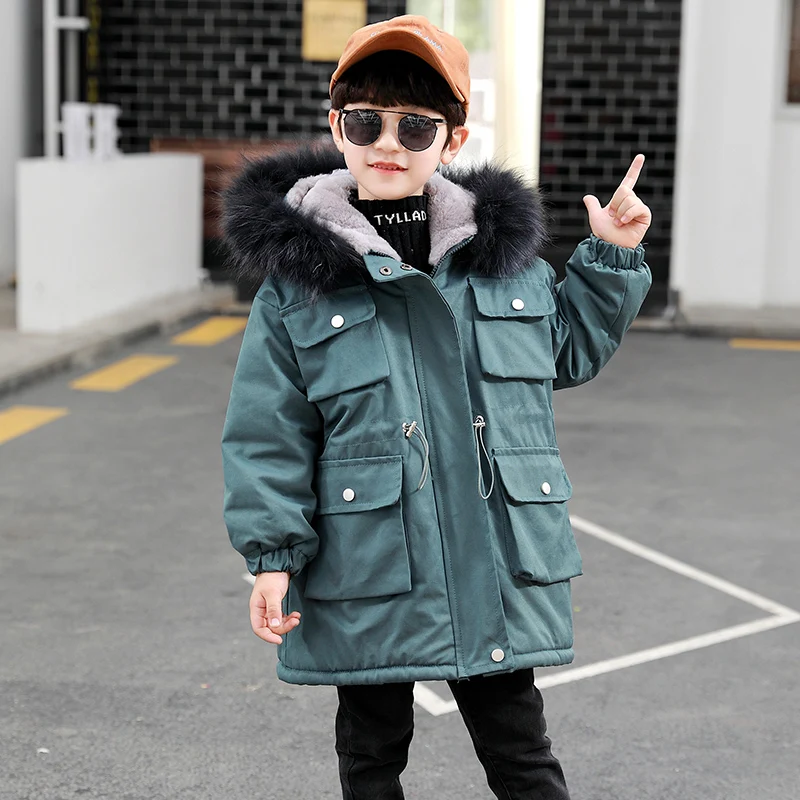 

Парка для мальчиков, пальто, зимняя длинная куртка с меховым воротником и плюшевой подкладкой, Детская ветрозащитная верхняя одежда, детска...