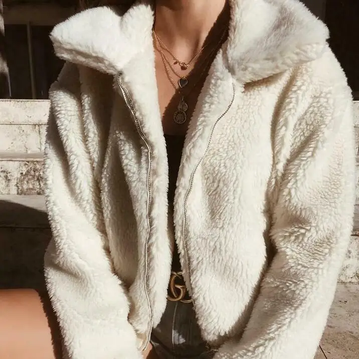 

2019 Winter Women Warm Jackets Teddy Bear Long Sleeve Fleece Jackets Crop Tops Zip Up Punk Oversize Outwear Coats With Pockets