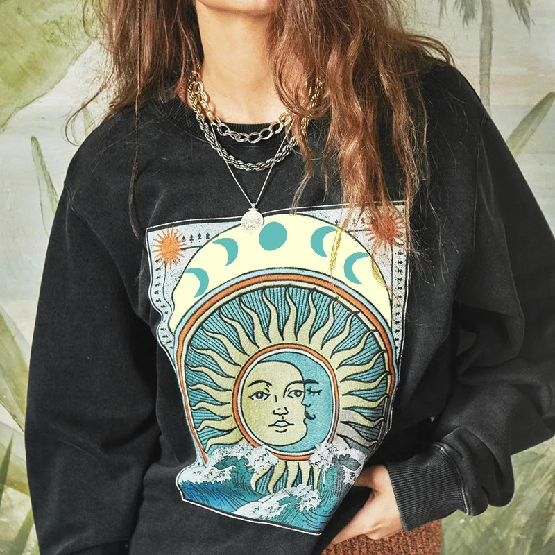 

goth hoodies New Casual Round Collar Mysterious Print Hoodie Loose Show Thin Design Long Sleeve Topgrunge fairy core cloth emo