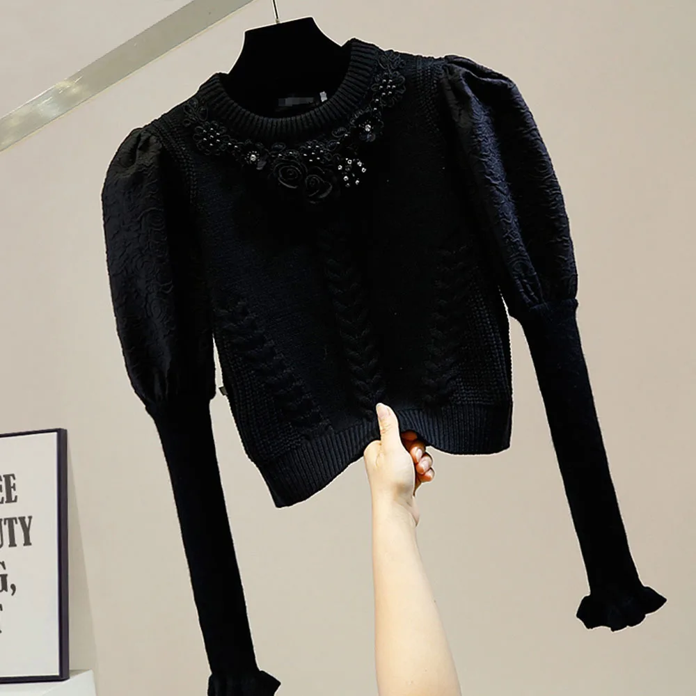 Укороченный джемпер для женщин новый вязаный свитер с бусинами кристаллами и