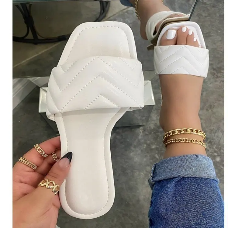 

Low Shoes Slippers Flat Square Toe Slipers Women Slides Fashion Summer 2021 Luxury Hoof Heels Basic Rubber Sewing Fabric PU