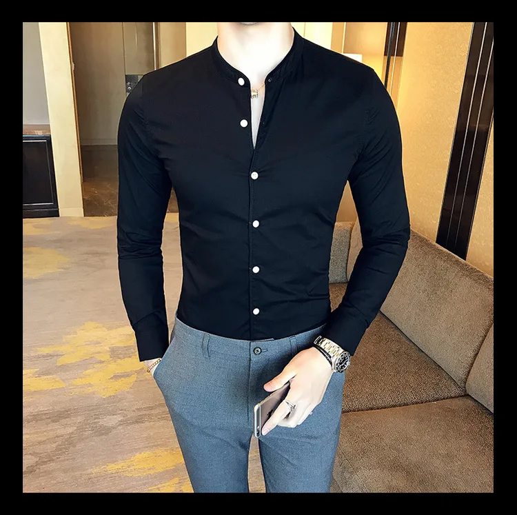 Высококачественная Мужская Черная Повседневная рубашка с длинным рукавом, белая хлопковая рубашка, приталенная Мужская рубашка со стоячим воротником, весна, одноцветная