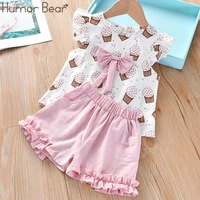 humor bear girls clothing set 2022 korean summer new ice cream bow top t shirtpants kids suit toddler baby childrens clothes