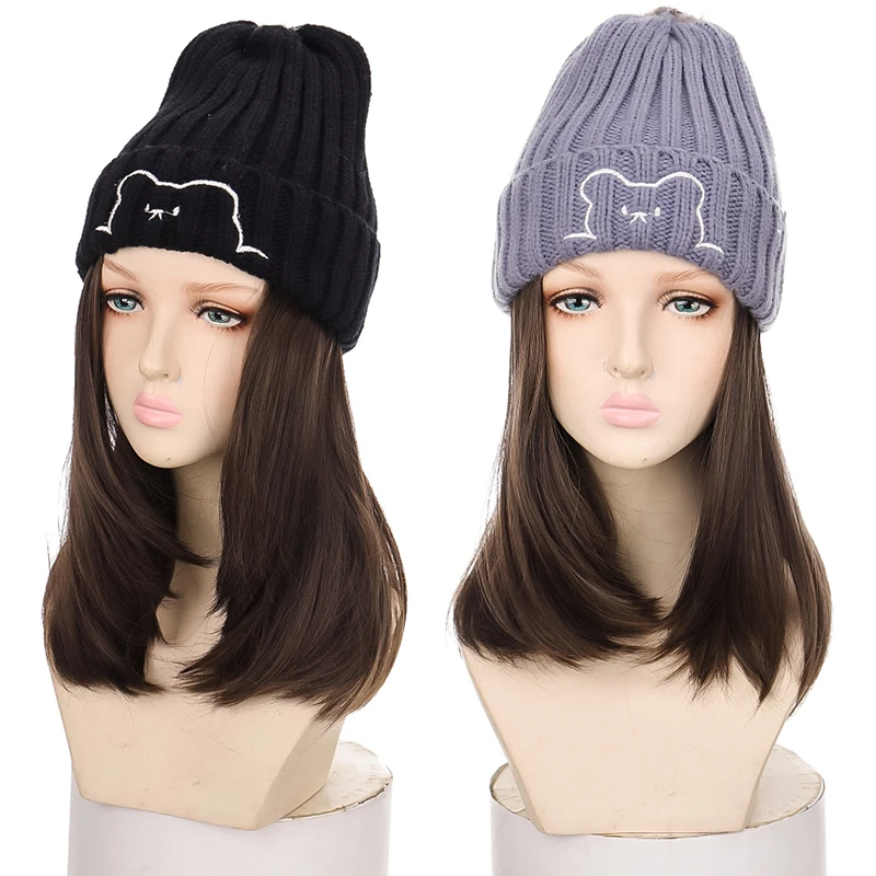 Beanie Hat Synthetic Short Wig Hat with Hair Extension Natural Hair Color Black Brown Wigs for Women Wool Product MUMUPI