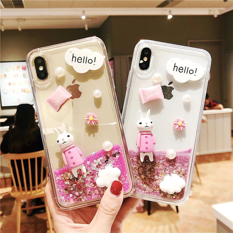 Cartoon Rabbit Epoxy TPU Cover For iPhone X 6 6S 7 8 plus Phone Case iphone XR XS Max Glitter Liquid Quicksand Back |