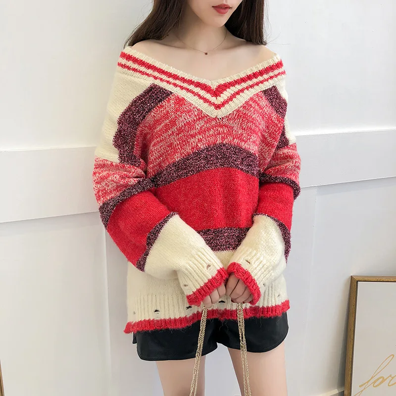 0.5 New Arrival Fashion Korean Spring Autumn Knitted Women Rainbow Sweater V-neck Light Striped hole design Batwing pullover | Женская