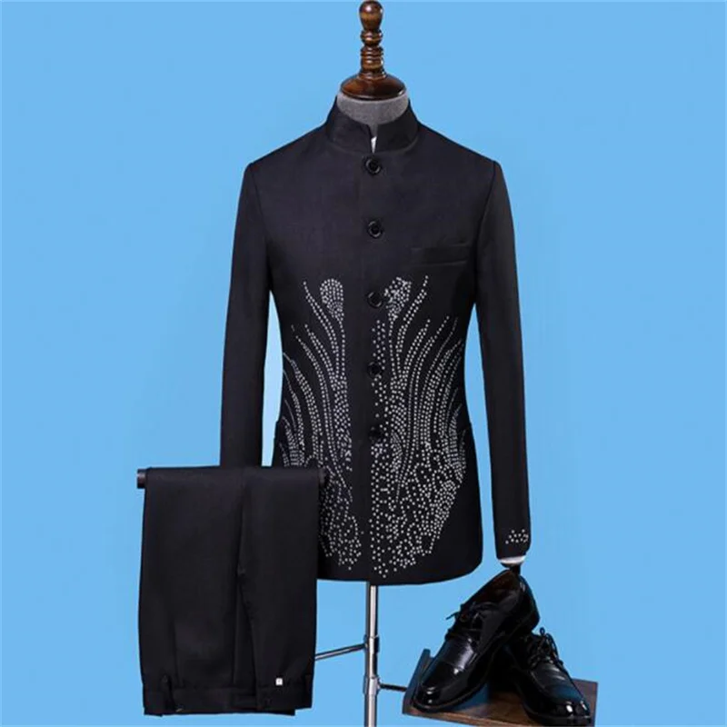 Черный блейзер мужской костюм для жениха с брюками китайский туника певец со