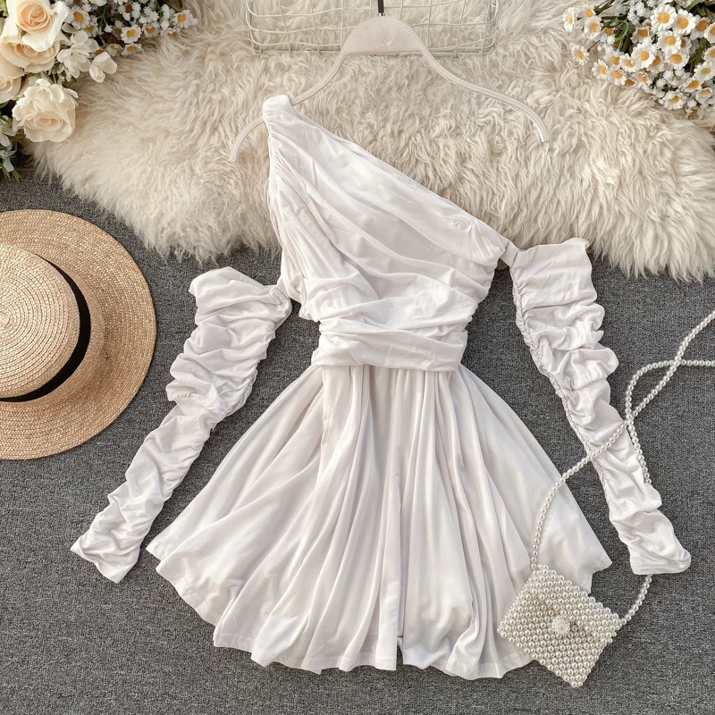 

Unique Oblique Shoulder Detachable Ruched Sleeves Slim Waist Dress Pleated Ruffled Party Short Dress