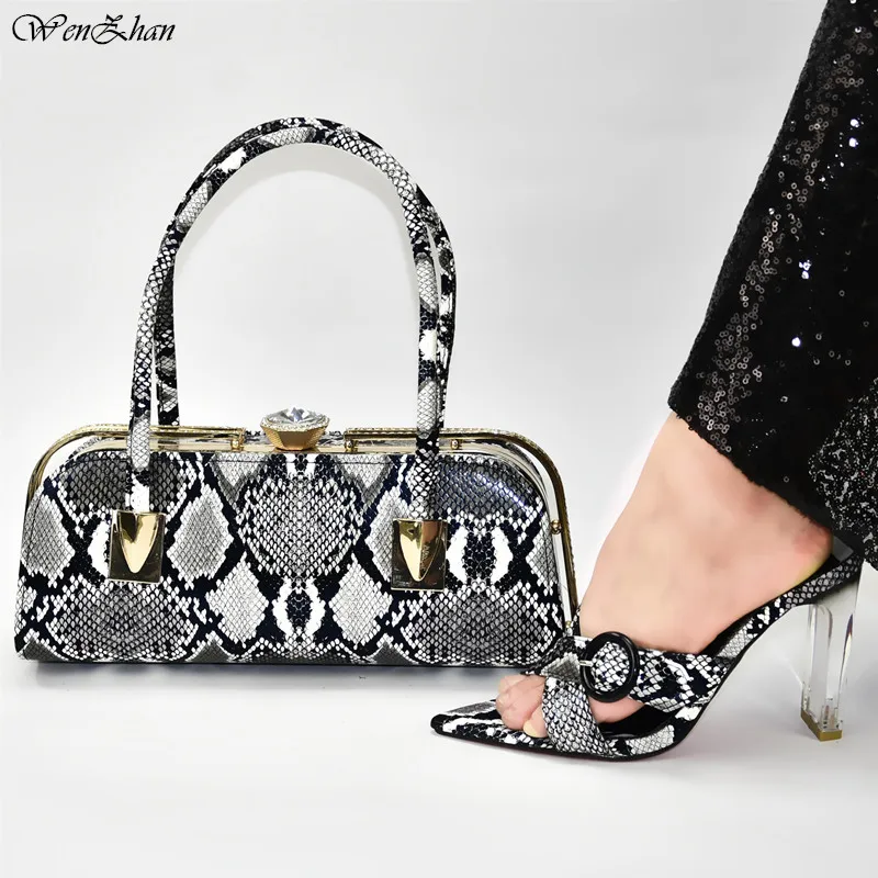 

Snake Leather Shoes and Bag Set Matching Sets Woman High Heel Women Slippers With Handbag 2019 Ladies Shoes sets 37-42 D99-6
