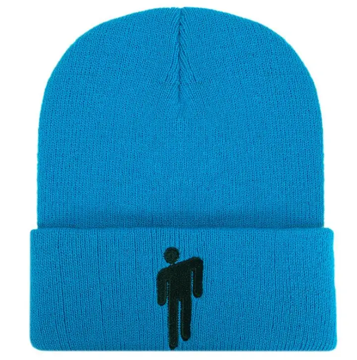Небесно-голубой Billie Eilish Beanie for Women Men Unisex Knitted Billie Eilish Hat Embroidery Cartoon Autumn Winter Hip Hop Skullies Cap - Цвет: Небесно-голубой