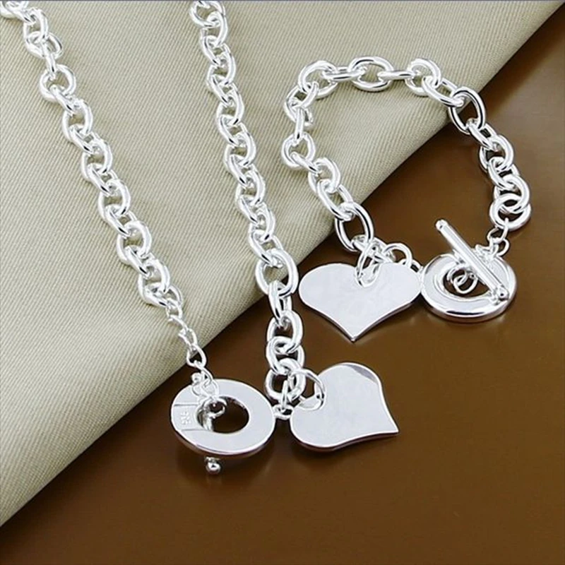 

High Quality 925 Sterling Silver Heart Shape Pendant Necklace Bracelet Jewelry Sets For Women Men Classic Gift