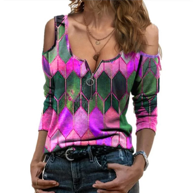 

Women V Neck Off Shoulder Geometric Printed Sexy Vintage Loose T Shirt Spring Long Sleeve Casual Pullover For Ladies
