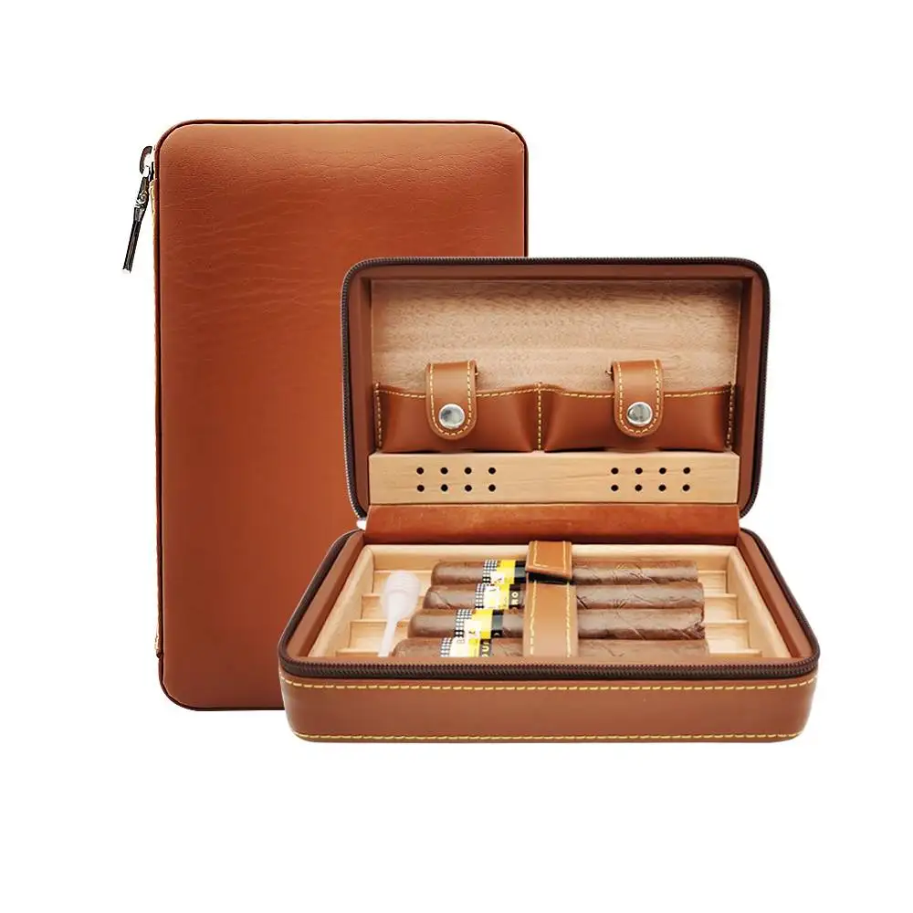 

Портативный кожаный чехол для сигар с 4 отделениями из кедрового дерева хьюмидор для сигар с капельницей увлажнитель принадлежности для ку...