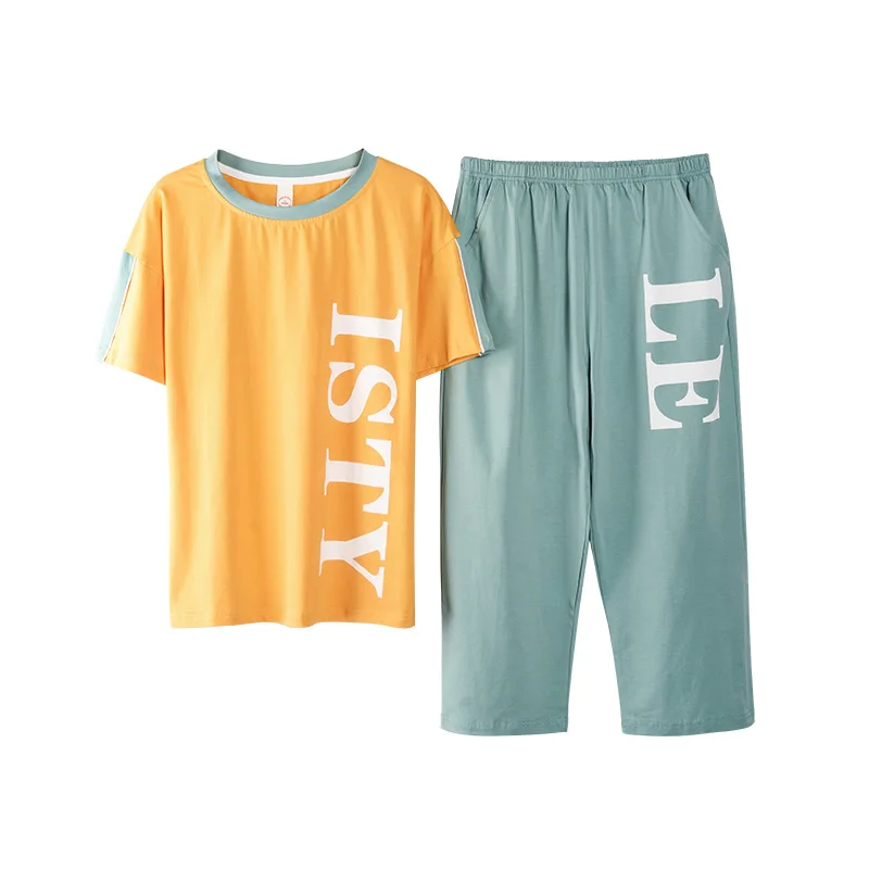 

Women Cotton Short Sleeve 2PCS Pajamas Suit Casual Letter Print Motion Nightwear Spring Autumn O-Neck Home Wear Loose Sleepwear