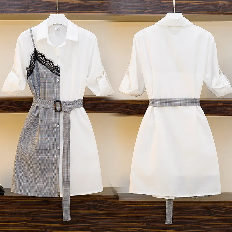 Женское платье рубашка в клетку с поясом размеры до 4XL|Женские платья| |