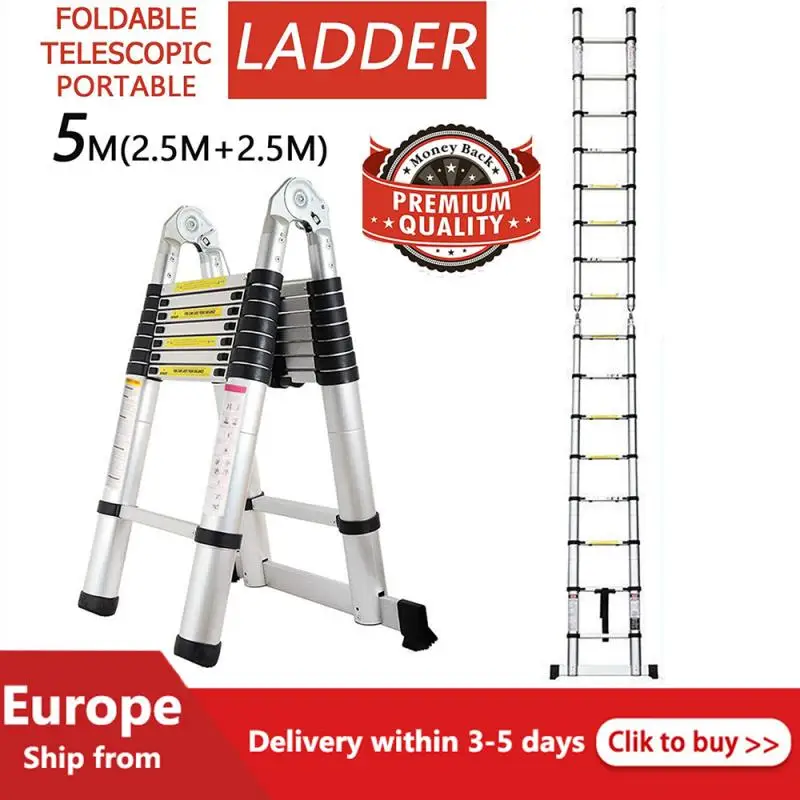

5m Folding Extendable Stepladder Non-slip Extension Herringbone Ladder Straight Aluminium Ladder Safety Household Tools HWC