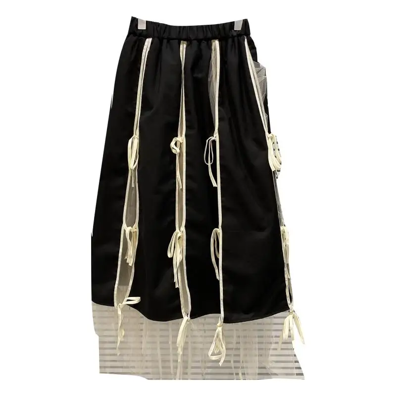 

Lace Up Bow Mesh Stitching Black Skirt Women 2021 Summer Ne Design Temperament Skirt