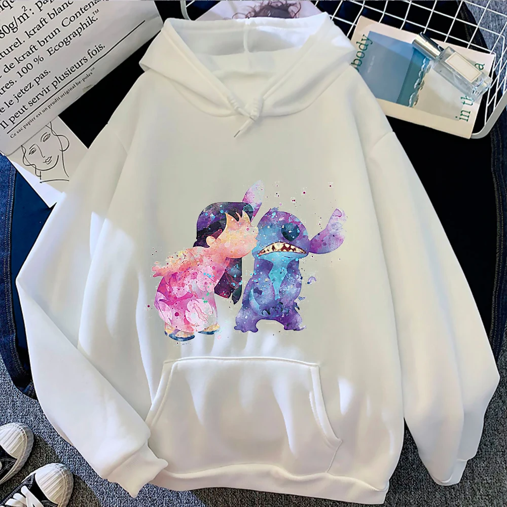 

Disney Lilo & Stitch Spring Autumn Hoodies Women Cartoons Hooded Sweatshirts Pullover Kawaii Movie Painting Khaki Casual Clothes
