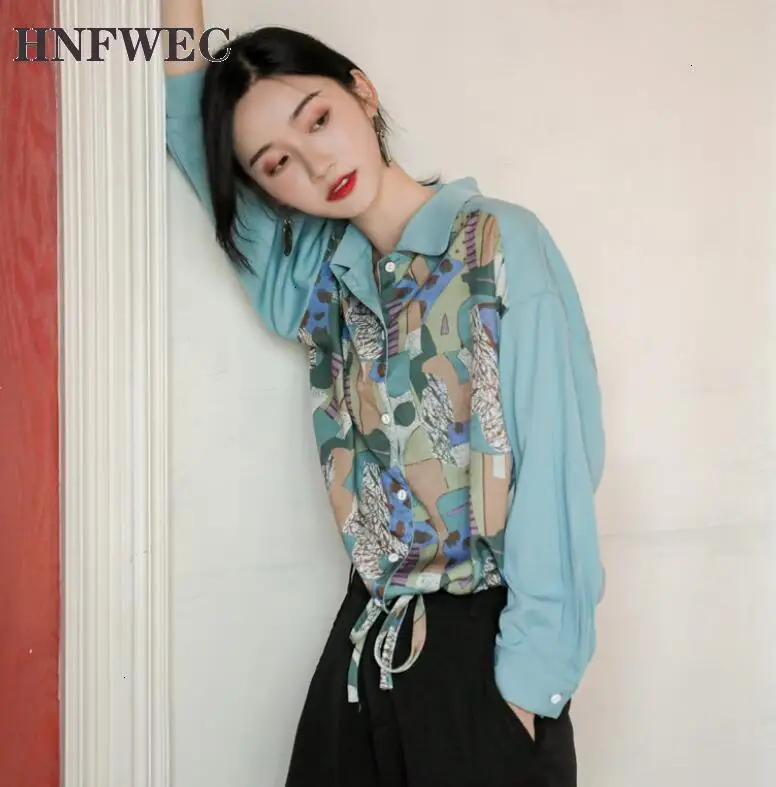 2020 Осенняя винтажная Свободная рубашка с длинным рукавом и принтом | Женская