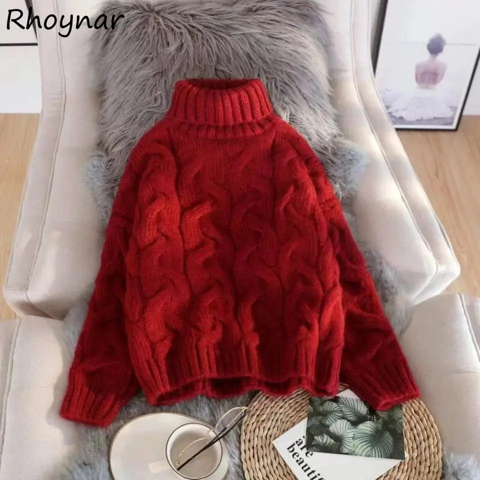 

Turtleneck Sweater Women Thicker Aesthetic Baggy All-match Solid Full Sleeve Young Ladies Vintage Winter Knitted Cozy Casual