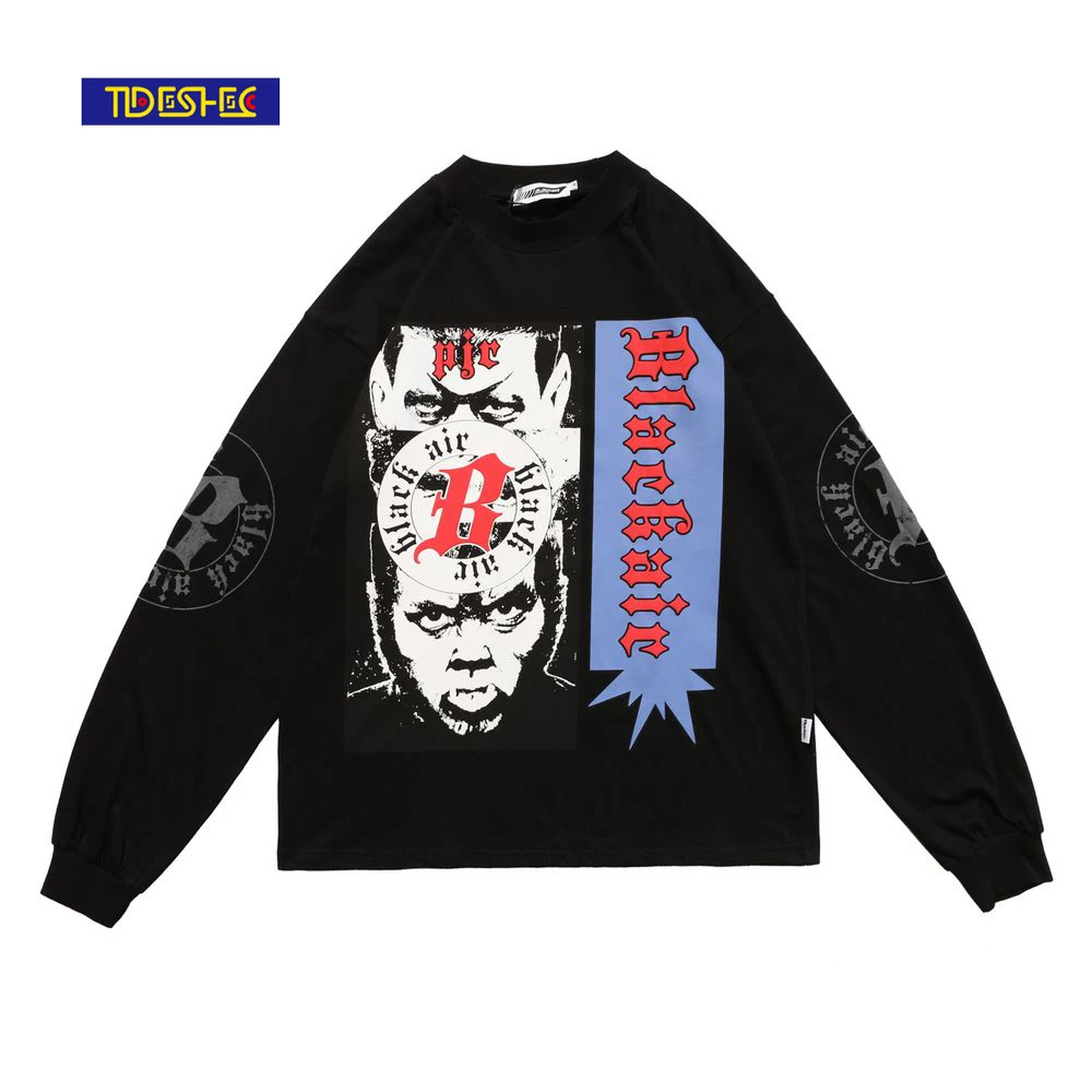 

Футболка мужская оверсайз в стиле хип-хоп, Готическая уличная одежда, хлопковая Повседневная футболка с длинным рукавом и графическим прин...