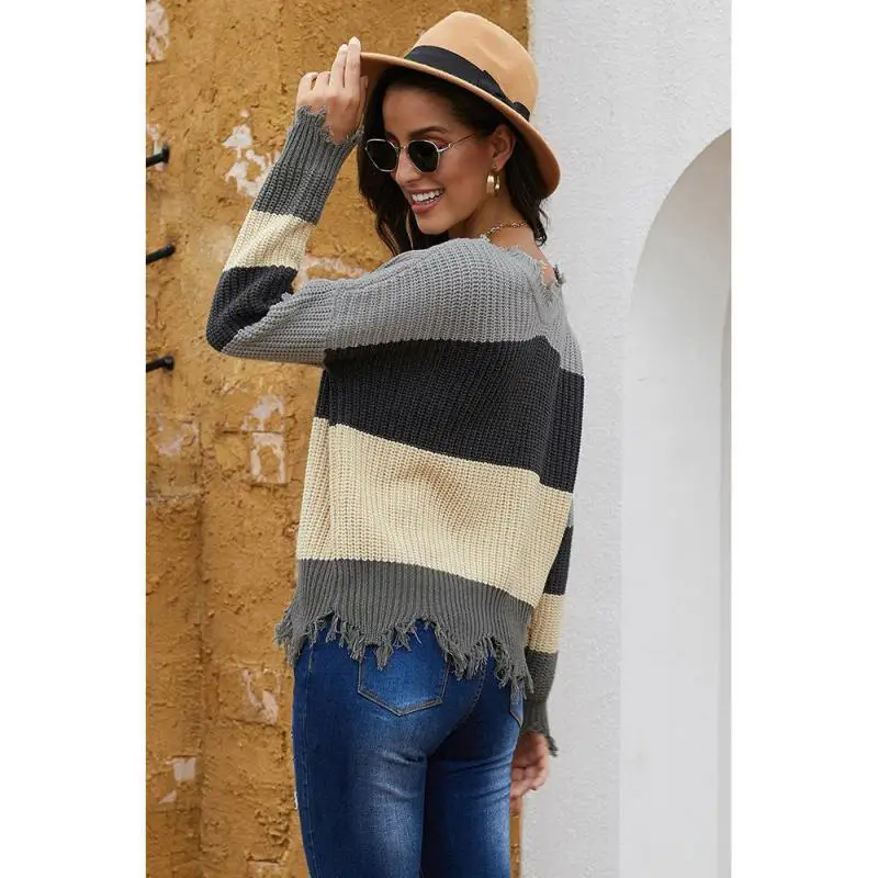 Осень и зима новый свитер женский цветной воротник v-образным вырезом с длинными