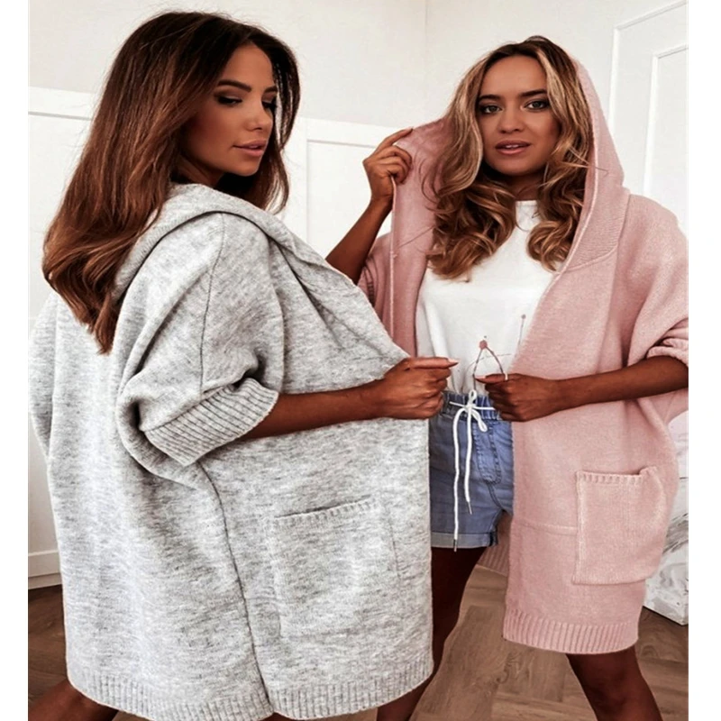 

Вязаные кардиганы Lugentolo с рукавом до локтя, осенние модные свитера с капюшоном, свободная уличная одежда, однотонный длинный кардиган для же...