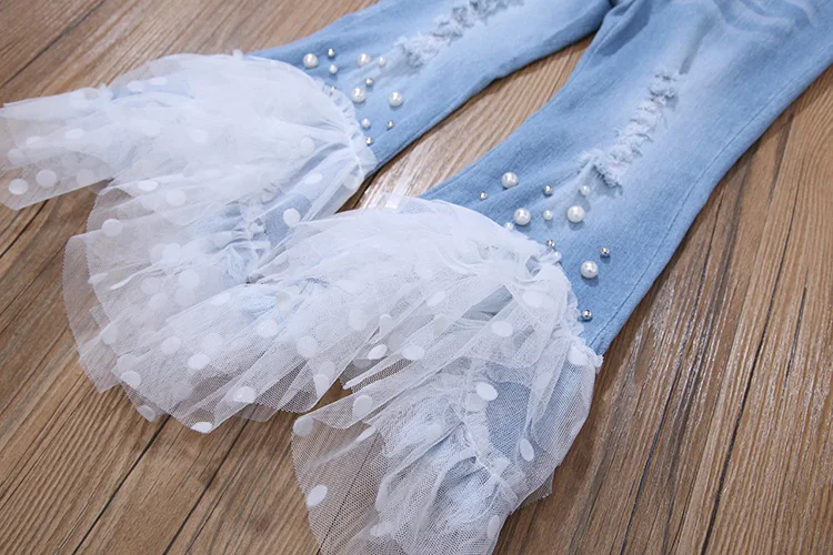 Джинсы для девочек джинсовые брюки в стиле пэчворк с кружевами весенние штаны