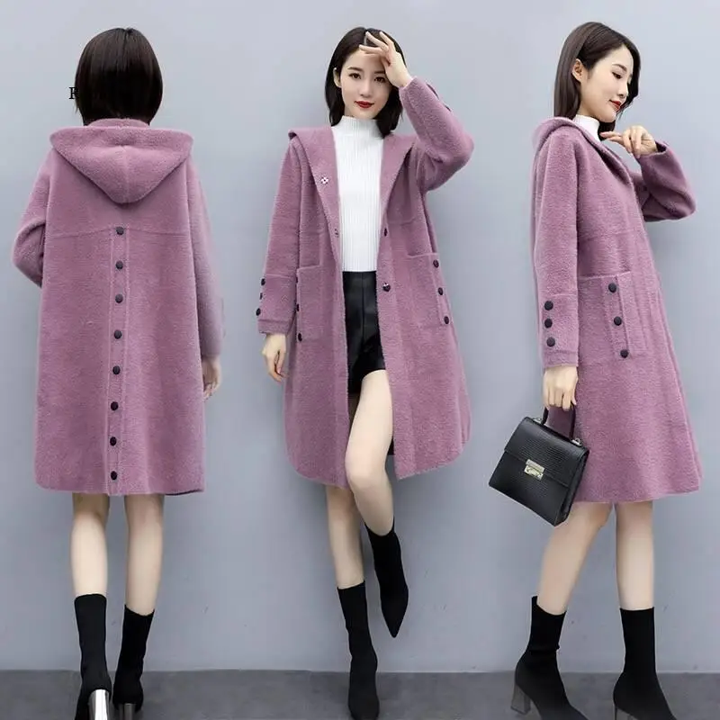 

Women Autumn Winter Loose Casual Hooded Imitation Mink Cashmere Knit Long Cardigan Sweater Female Thicken Warm Sweater