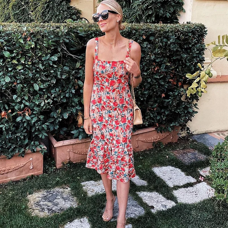 

Summer Sleeveless Wrap Midi Dress Women Floral Print Ruffles Sundress High Waist Sexy Elegant Party Beach Strap Dress Tunic Robe