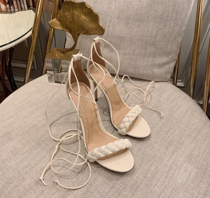 Jual Sandal Renda Tenun Stiletto Elegan Musim Panas 2021 Sandal Hak Tinggi Jari Terbuka Ujung Bundar Mode Baru
