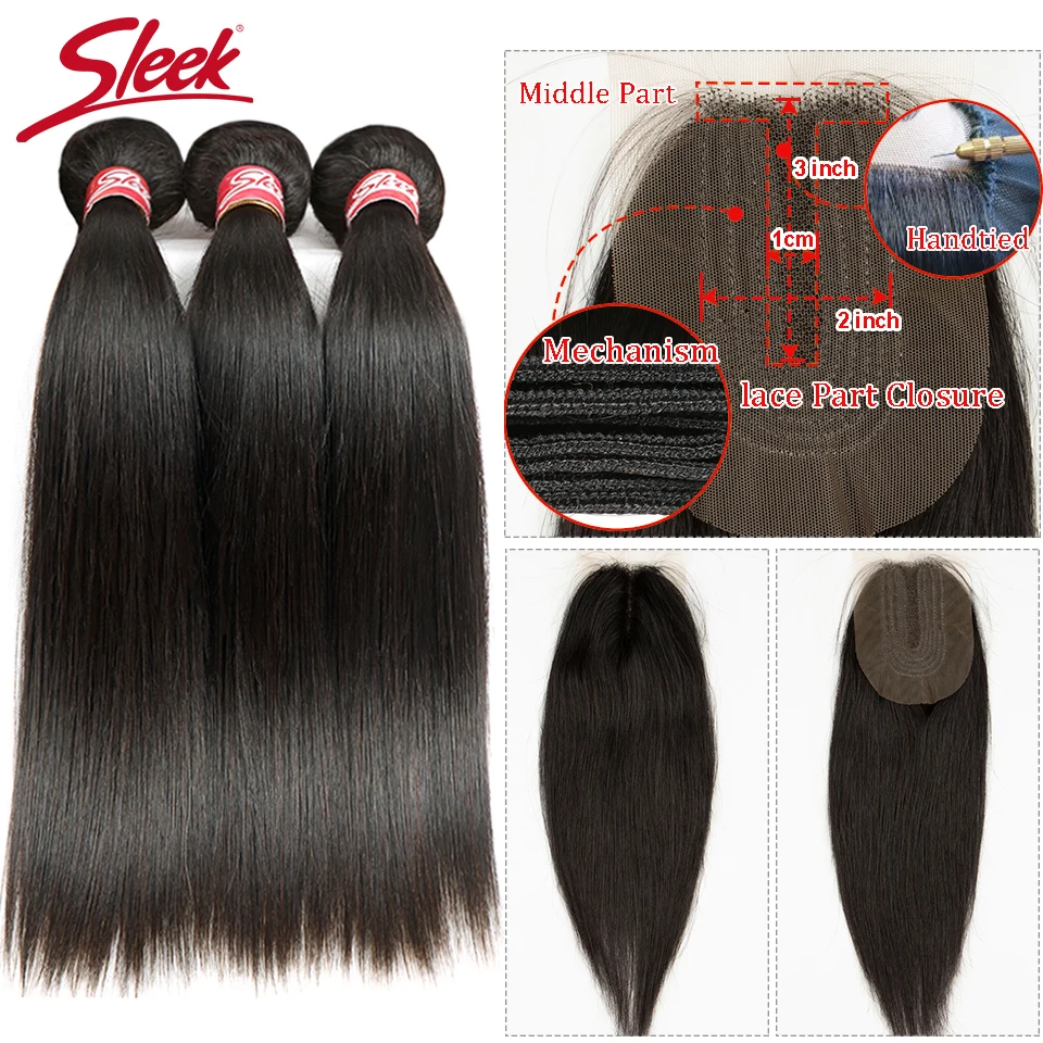 Sleek Brazilian Straight Hair Bundles With Closure Natural Color Weave Remy Human 3 2x4 Lace | Шиньоны и парики